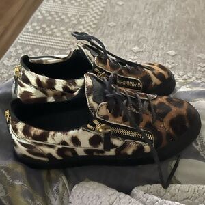 Giuseppe Zanotti Brown and White Cow-Print Sneakers with Gold Hardware